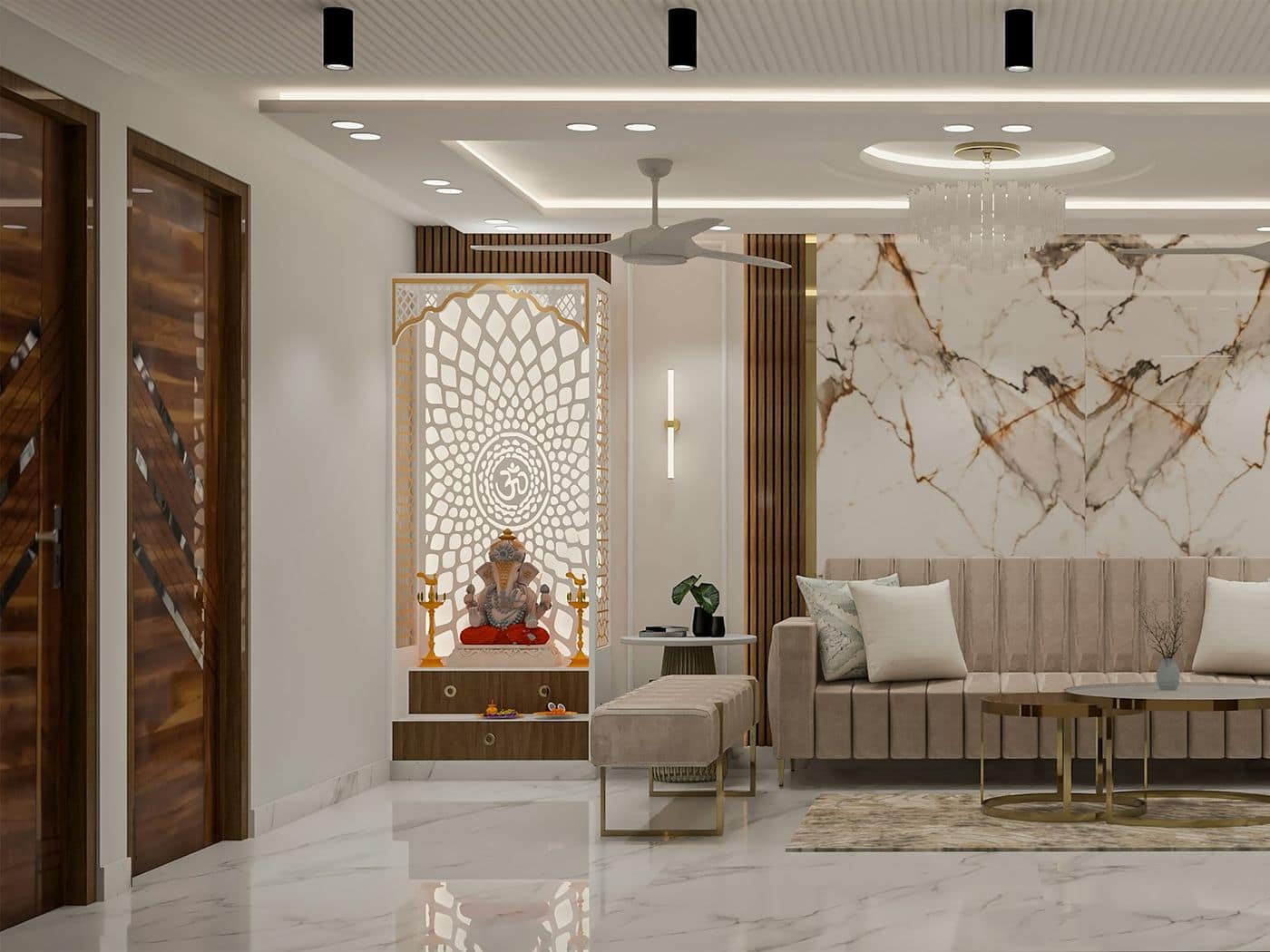 Living room with backlit carved jali puja unit and Ganesha idol, marble feature wall and cove ceiling
