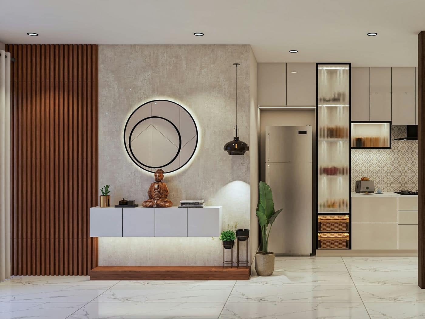 Foyer with fluted wood wall panel, floating console with Buddha statue, backlit mirror and kitchen beyond