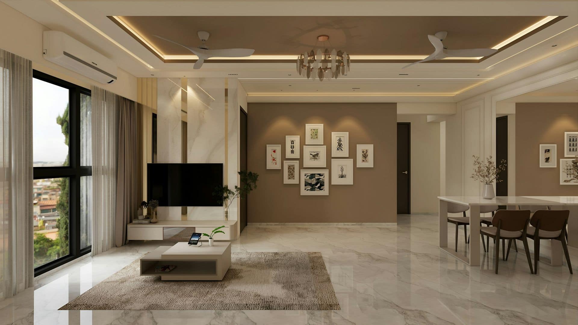 Bright Indian living-dining room with cove-lit false ceiling, ceiling fans, marble floor, TV unit and large windows