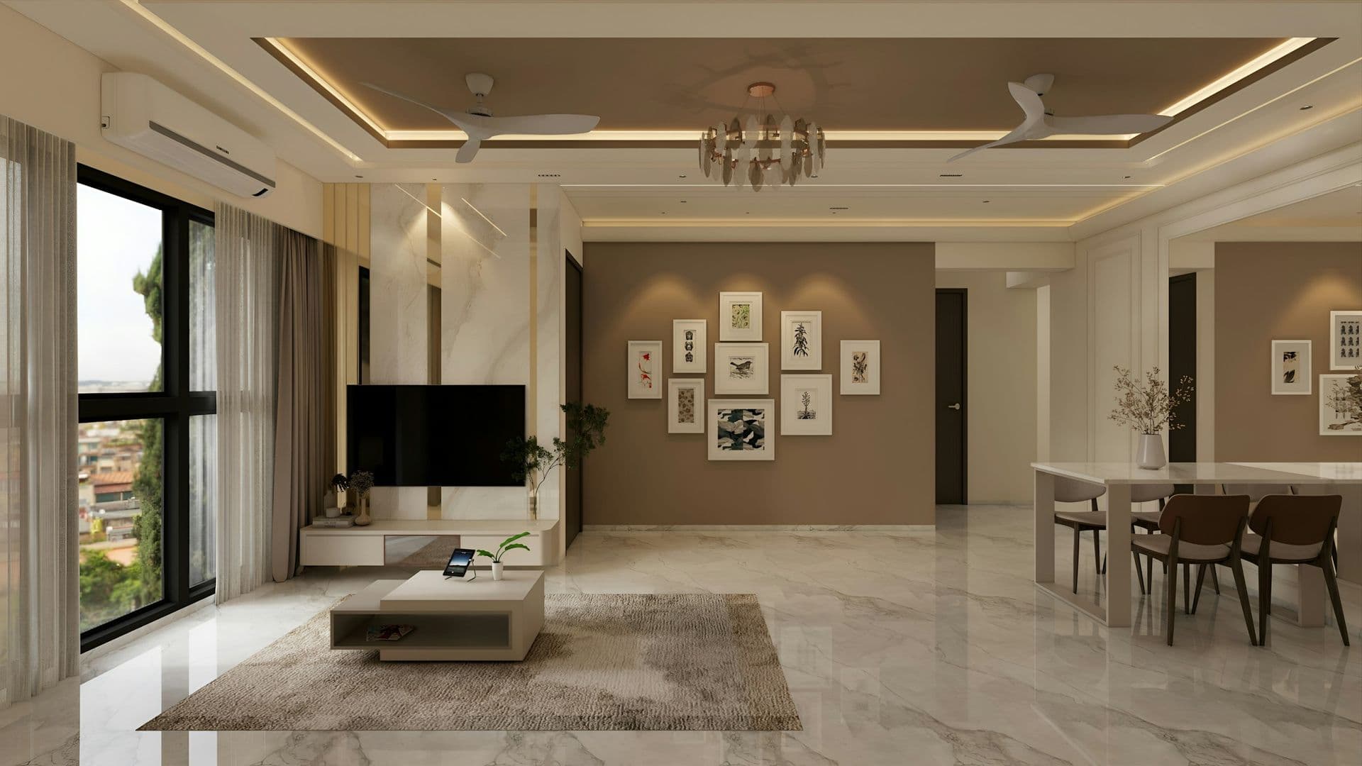 Bright Indian living-dining room with cove-lit false ceiling, ceiling fans, marble floor, TV unit and large windows