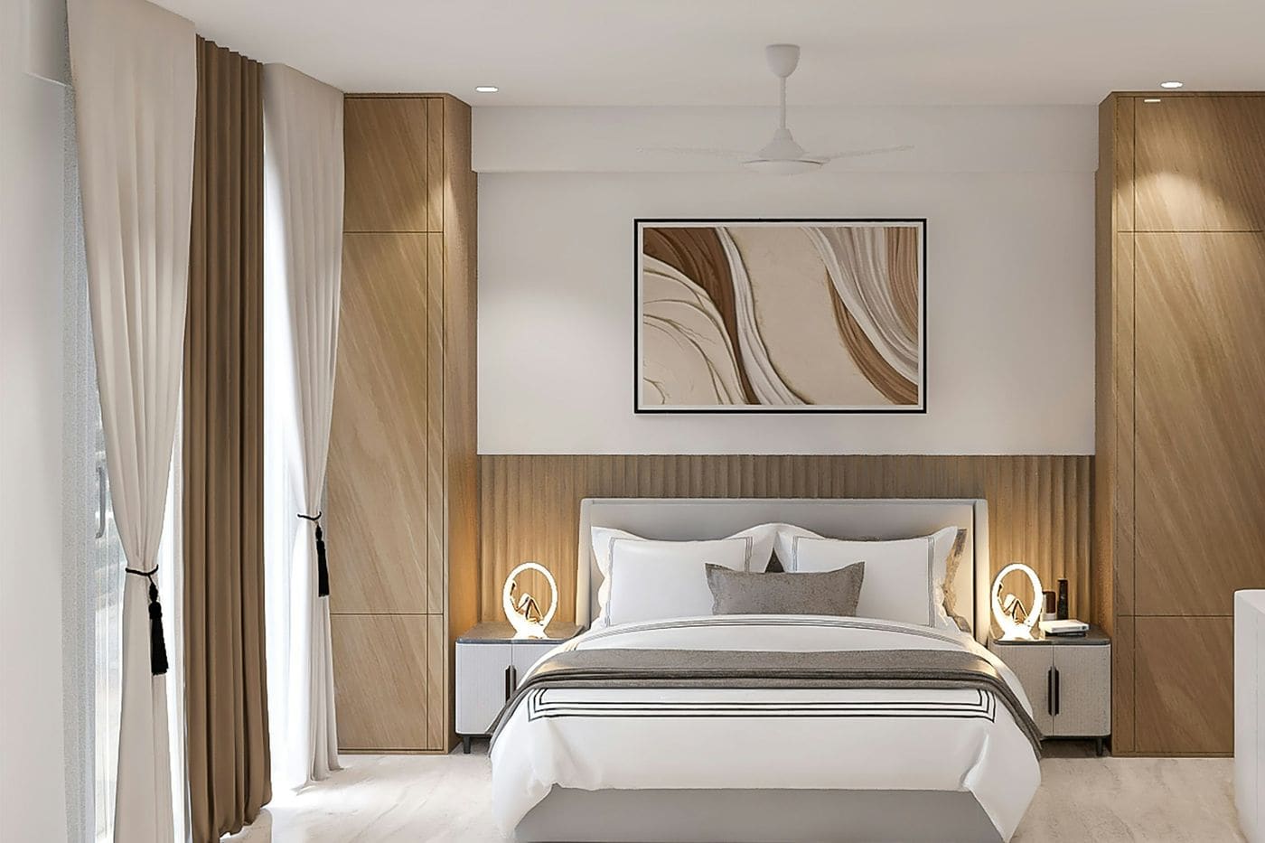 Master bedroom with fluted wood headboard wall, tall veneer panels, white bed, sculptural lamps and sheer curtains