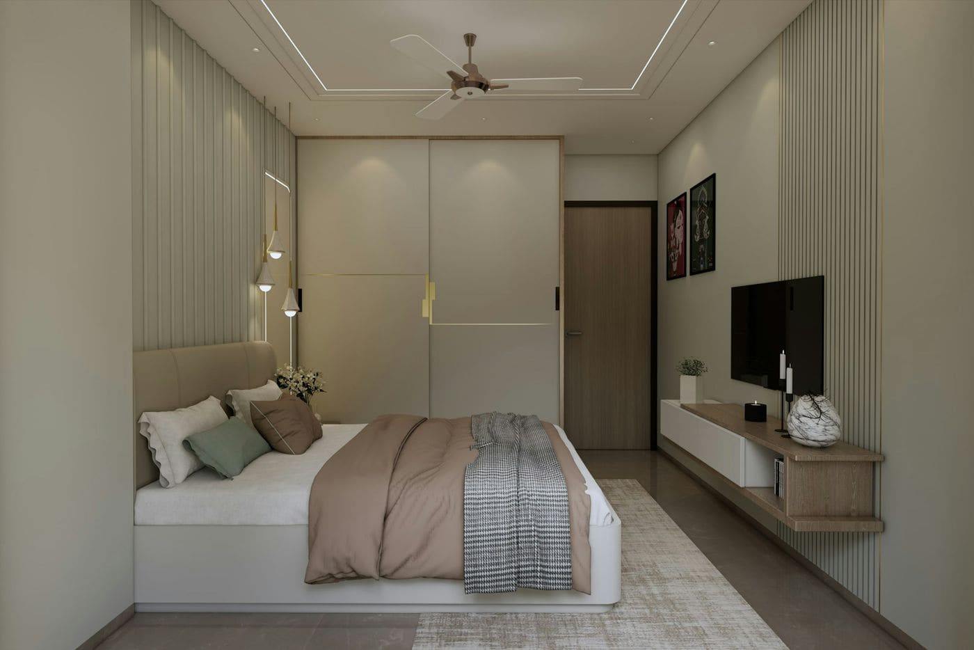 Bedroom with full-height sliding laminate wardrobe, fluted wall panels, floating TV unit and false ceiling with fan
