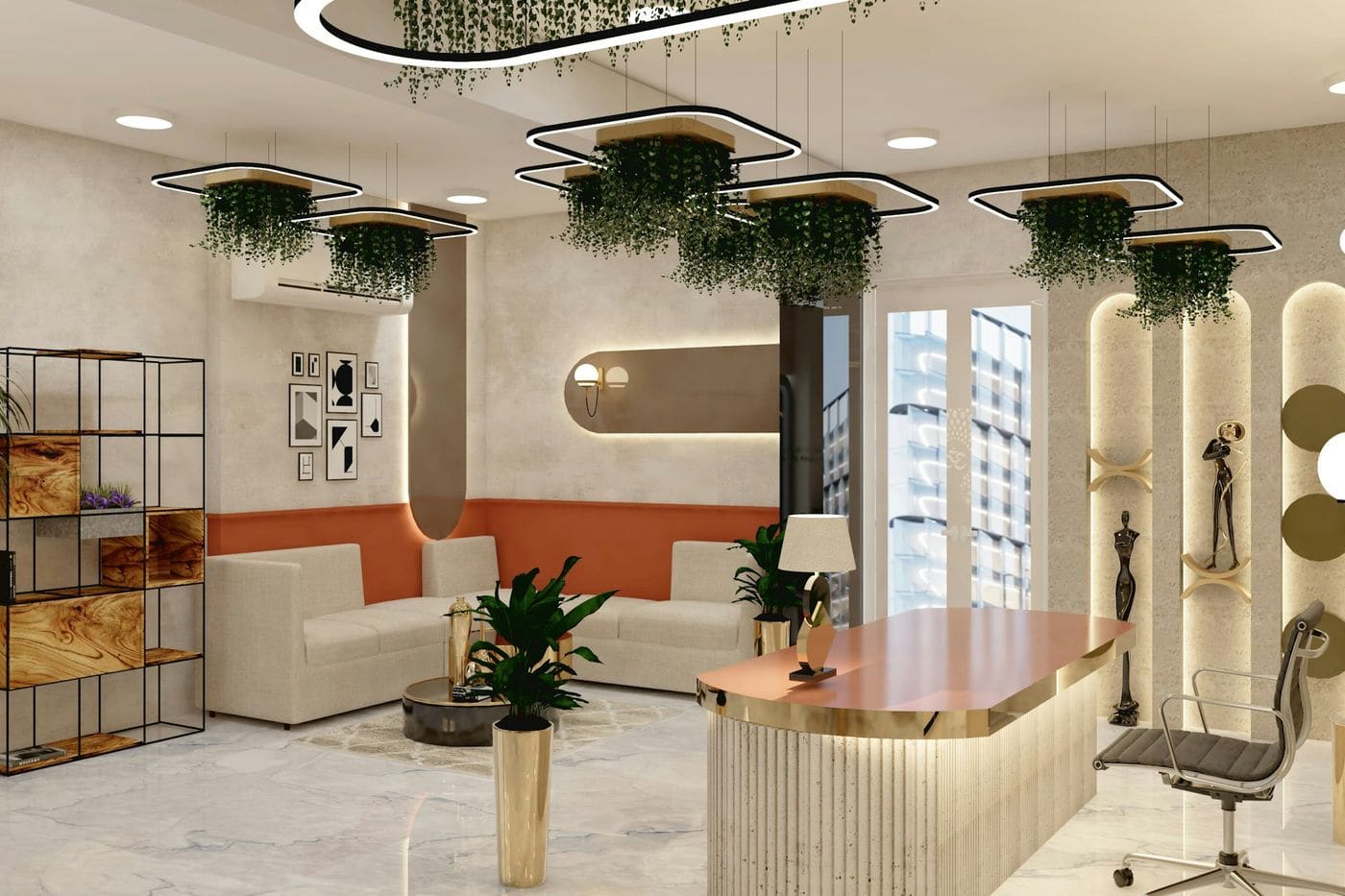 Office reception with fluted curved front desk, cream sofas, hanging planter lights and lit display niches