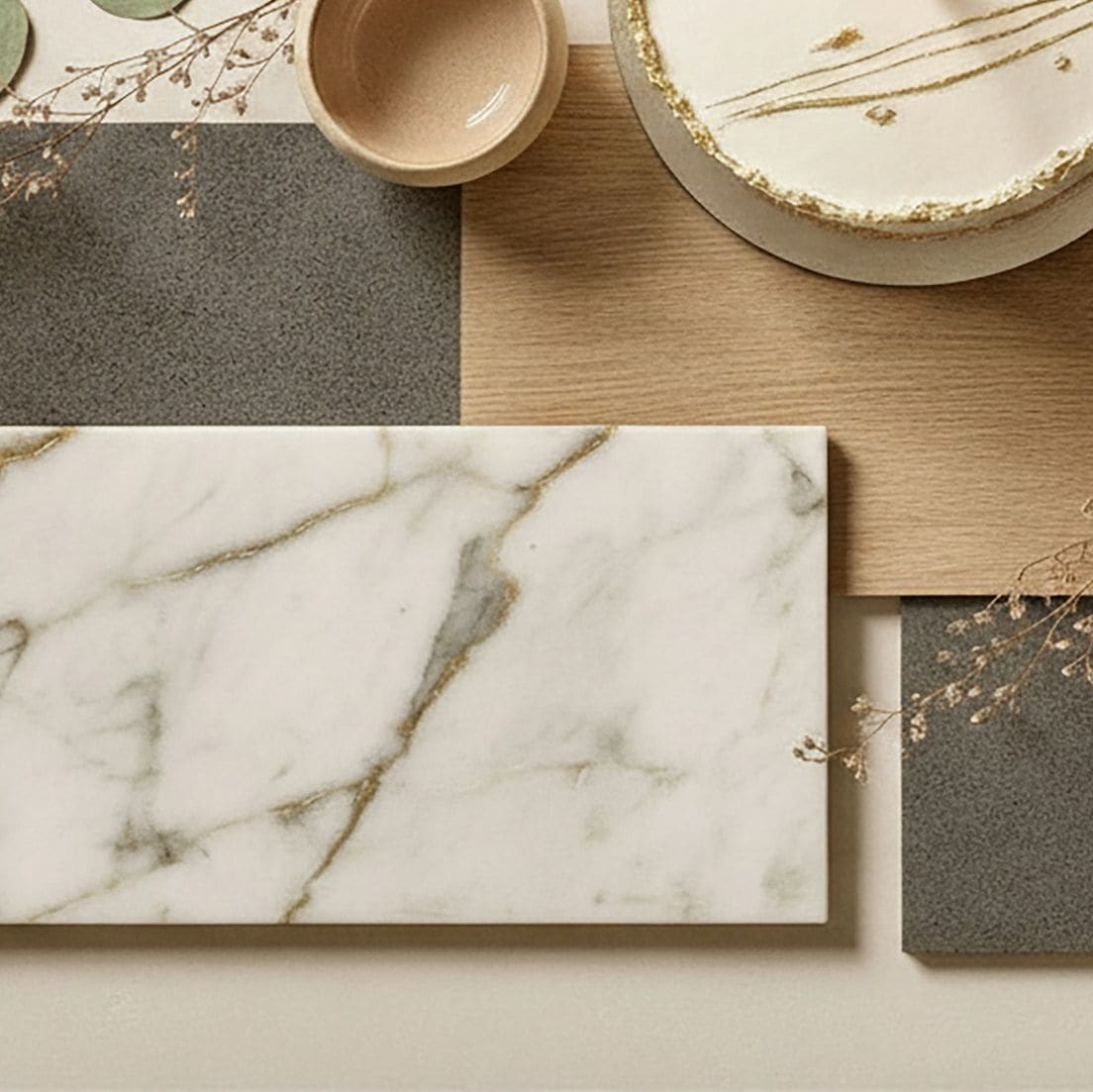 Flat lay of interior material samples: white marble slab, oak veneer, grey stone tiles and ceramics
